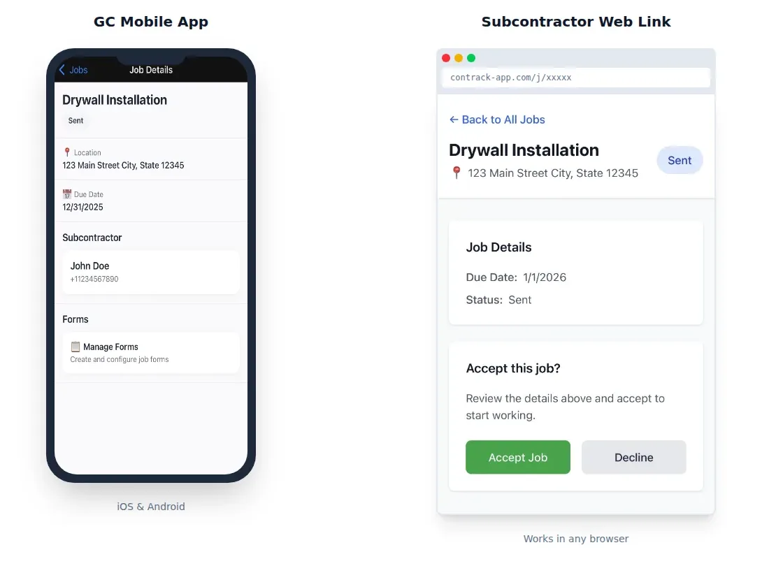 The ConTrack GC mobile app showing a job next to the subcontractor’s browser view of the same job with Accept and Decline buttons.