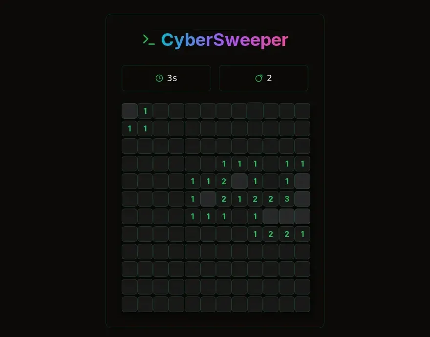A CyberSweeper game in progress: a dark 12 by 12 grid with glowing green numbers, a timer, and a mine counter.