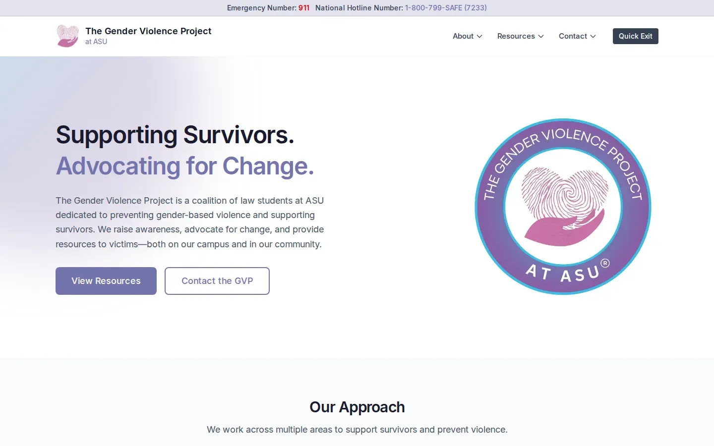 The Gender Violence Project homepage with an emergency hotline bar, Quick Exit button, and the headline “Supporting Survivors. Advocating for Change.”